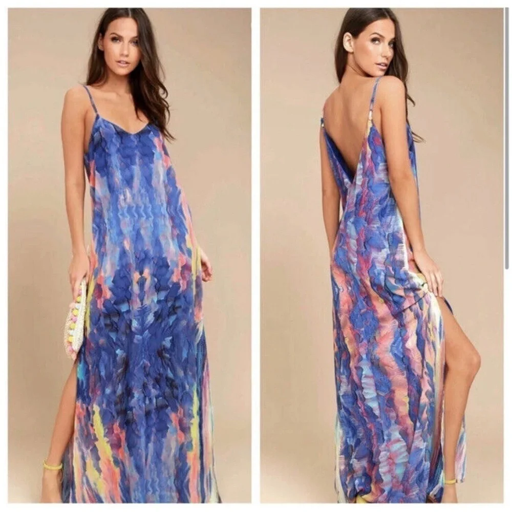 Lulus Flying Watercolors Royal Blue Maxi Dress size XS NWT - Picture 1 of 8